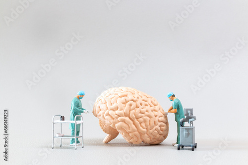 Miniature Doctor checking and analysis brain model ,Science and medicine concept