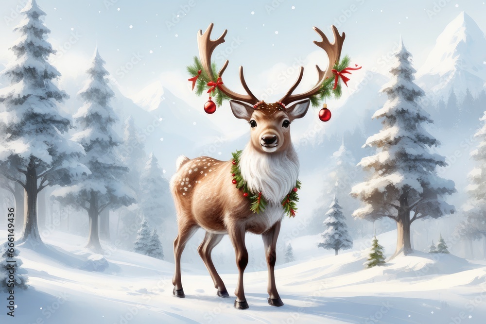 Majestic Deer with Antlers Amidst Snowy Forest Majestic Deer with Antlers Amidst Snowy Forest