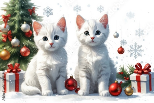 Playful Domestic Cat Admiring Christmas Decorations