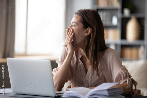 At early morning woman sit at table with laptop opened personal organizer cover opened mouth with hand yawning looking out the window, monotonous job, housewife household routine bored female concept photo
