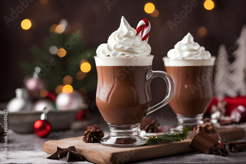 Chocolate milk with whipped cream and candy cane on top Christmas-style