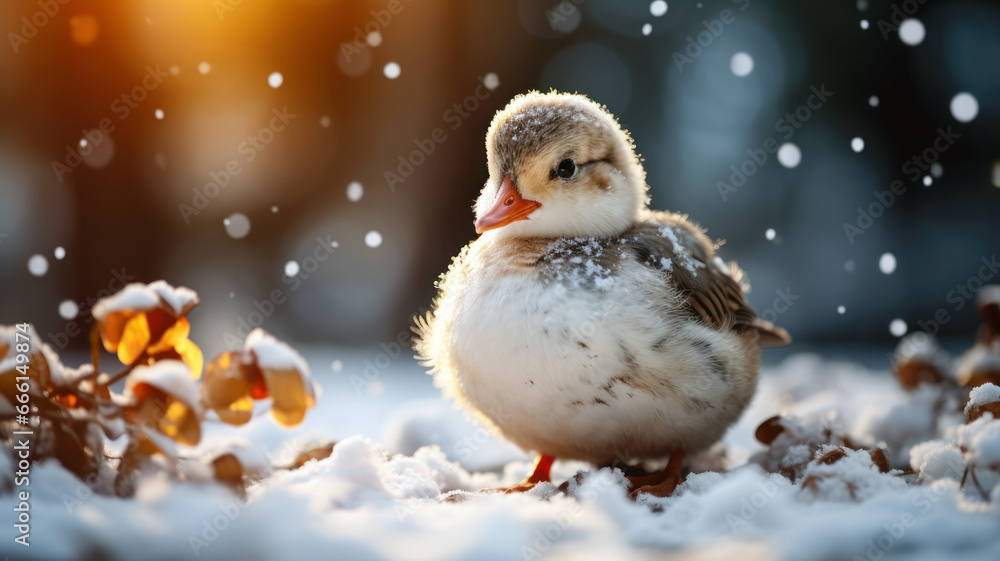 Obraz premium Christmas Snow Outdoor Little Duck Generative AI