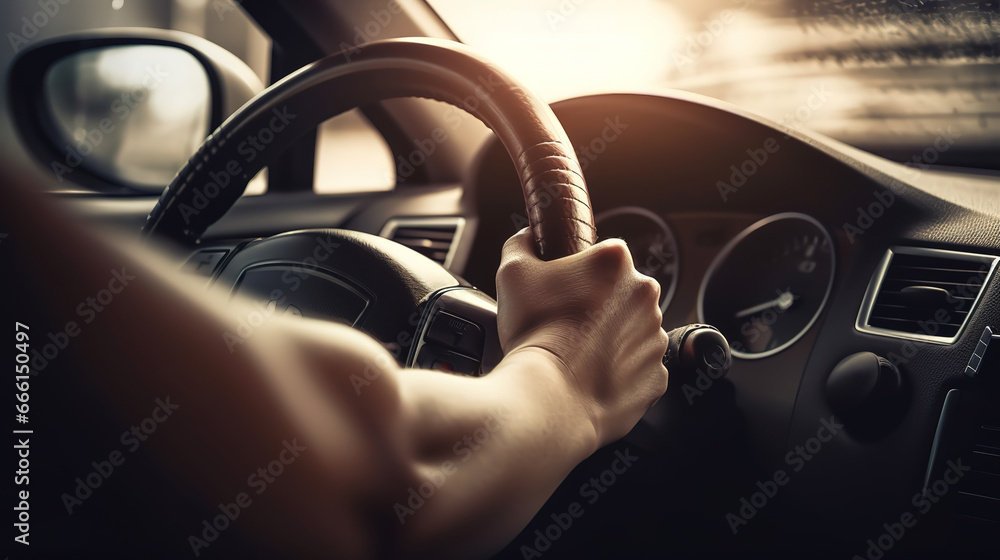 hands of car driver on steering wheel, road trip, driving on highway road. Generative Ai