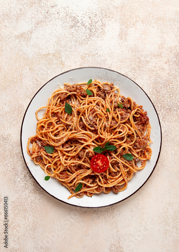Spaghetti Bolognese, top view, close-up, no people, homemade,