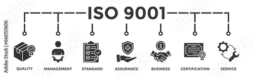 ISO 9001 banner web icon vector illustration concept with icon of quality, management, standard, assurance, business, certification and service