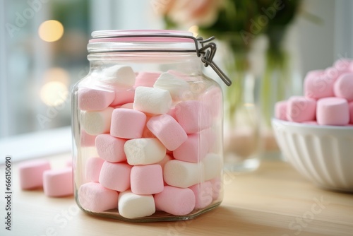 Jar of pink and white marshmallows on a table with flowers.