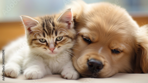 golden retriever puppy and kitten lying on sofa