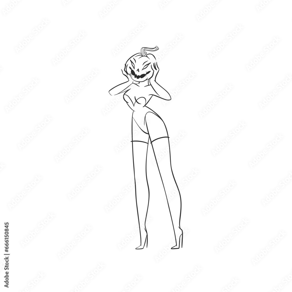 Hand drawn vector abstract line graphic,happy Halloween female character with Jack O Lantern pumpkin head outline isolated. Halloween Character outline autumn design concept.Scary horror Halloween. Hand drawn vector abstract line graphic,happy Halloween female character with Jack O Lantern pumpkin head outline isolated. Halloween Character outline autumn design concept.Scary horror Halloween.