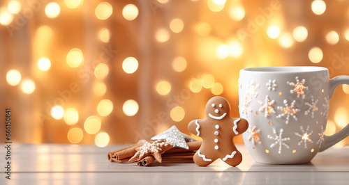 Gingerbread man with  coffee cup on bokeh Christmas background  space for text. Hot winter drink. 