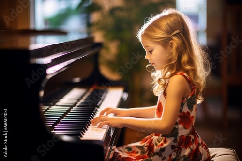 Rhythmic Girl plays piano in light. Kid play. Fictional person. Generate Ai