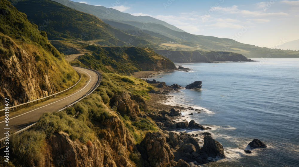 A winding coastal road offering breathtaking views of a rugged shore A winding coastal road offering breathtaking views of a rugged shore