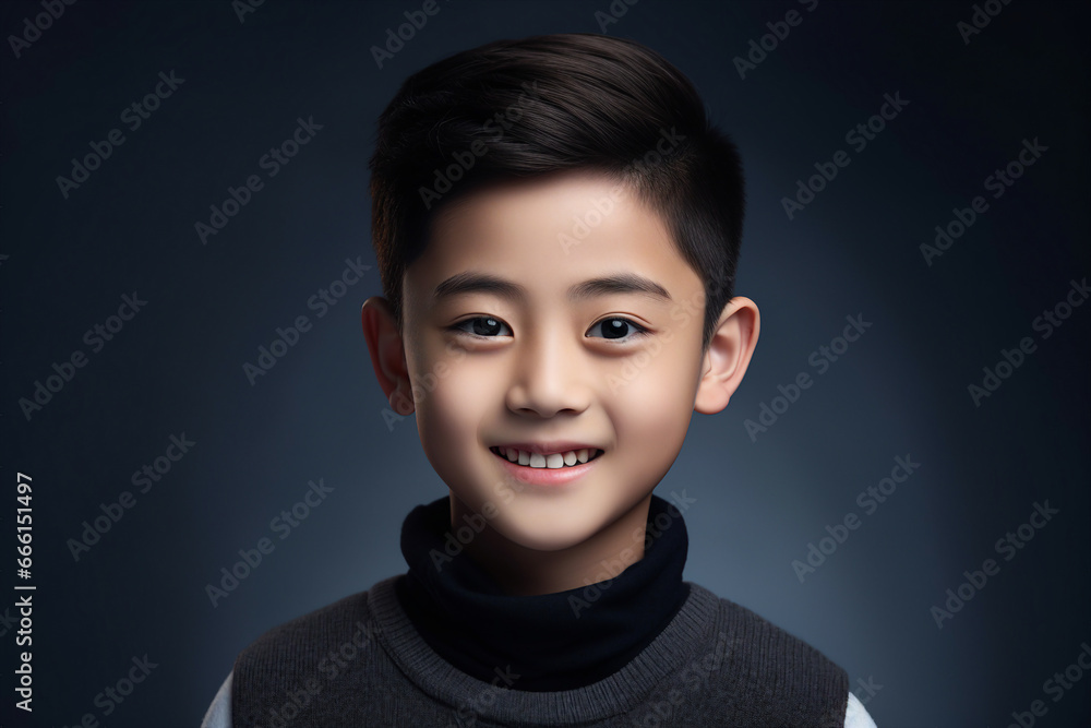 Portrait made with generative AI of a cheerful cute little boy isolated on a dark grey background Portrait made with generative AI of a cheerful cute little boy isolated on a dark grey background