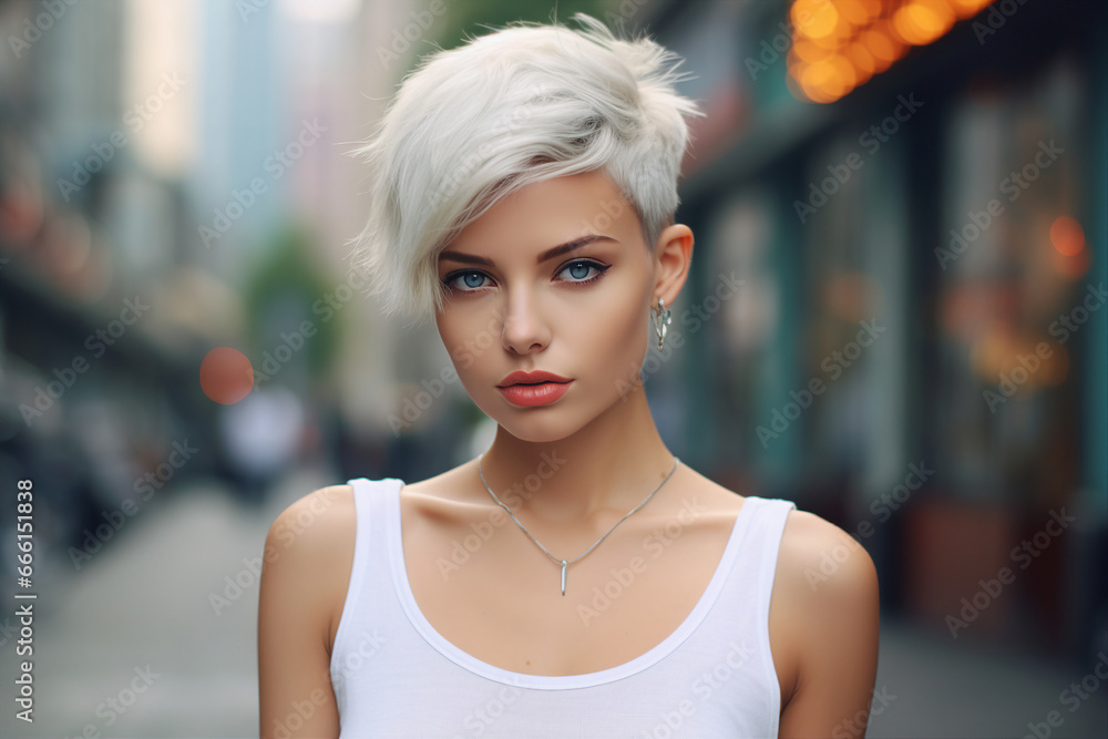 Generative AI photo of attractive lovely girl with stylish haircut on blurred city street backdrop