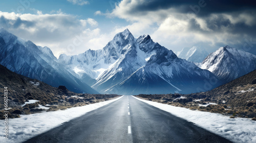 A serpentine mountain road with towering, snow-capped peaks