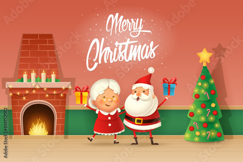 Christmas card - Santa Claus and Mrs Claus celebrate Christmas - home interior with fireplace and tree