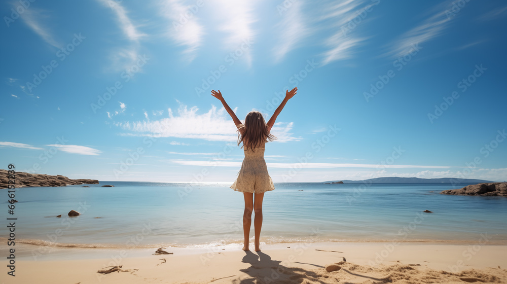 A girl is raising hands and jumping in front of the beach with clear sky in lovely dress. A girl is raising hands and jumping in front of the beach with clear sky in lovely dress.