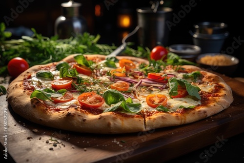 A delicious and tasty Italian pizza Margherita with tomatoes and buffalo mozzarella.