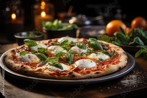 A delicious and tasty Italian pizza Margherita with tomatoes and buffalo mozzarella.