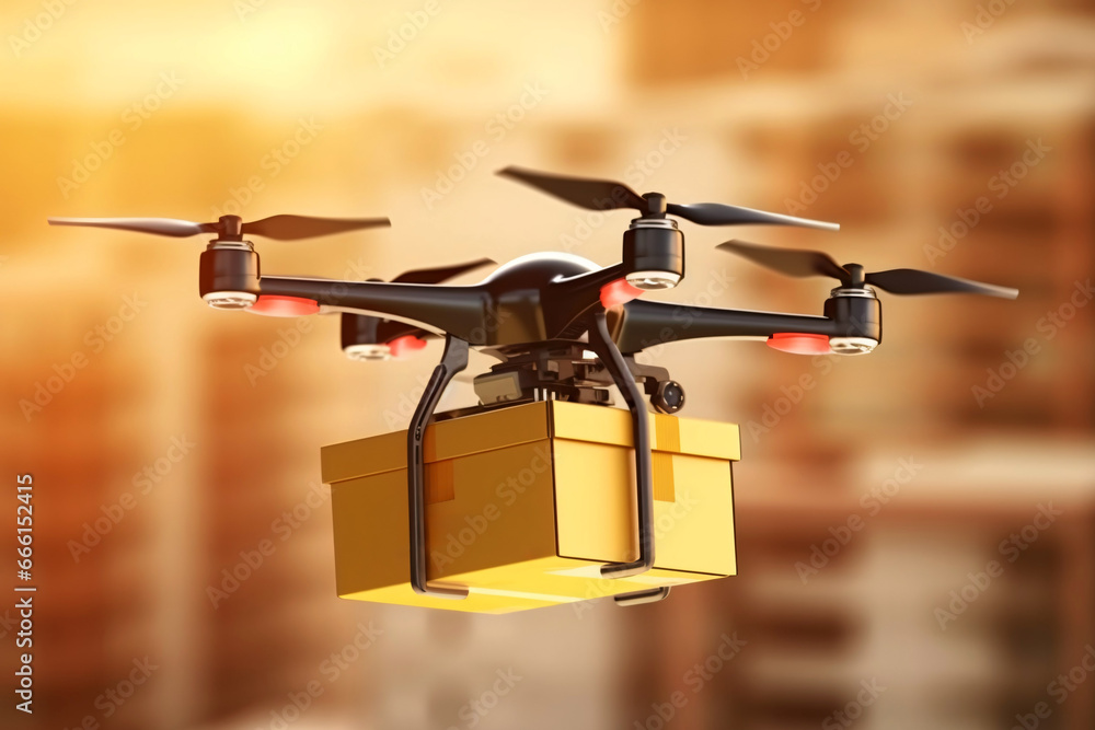 Delivery of parcels using drones. Drone with cardboard box in flight. Shallow depth of field Delivery of parcels using drones. Drone with cardboard box in flight. Shallow depth of field