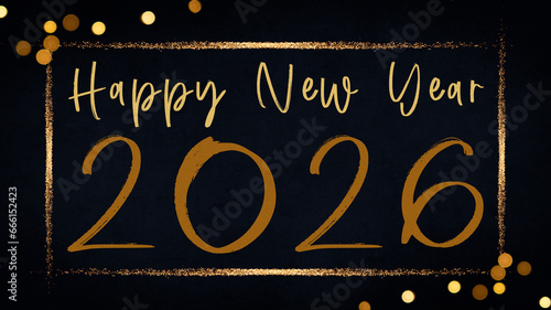 HAPPY NEW YEAR 2026 - Festive New Year's Eve Sylvester Party background greeting card template - Gold frame, year, text, bokeh lights on dark blue black night sky texture