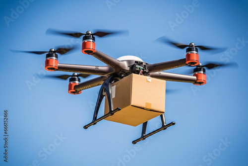 Delivery of parcels using drones. Drone with cardboard box in flight. Shallow depth of field photo