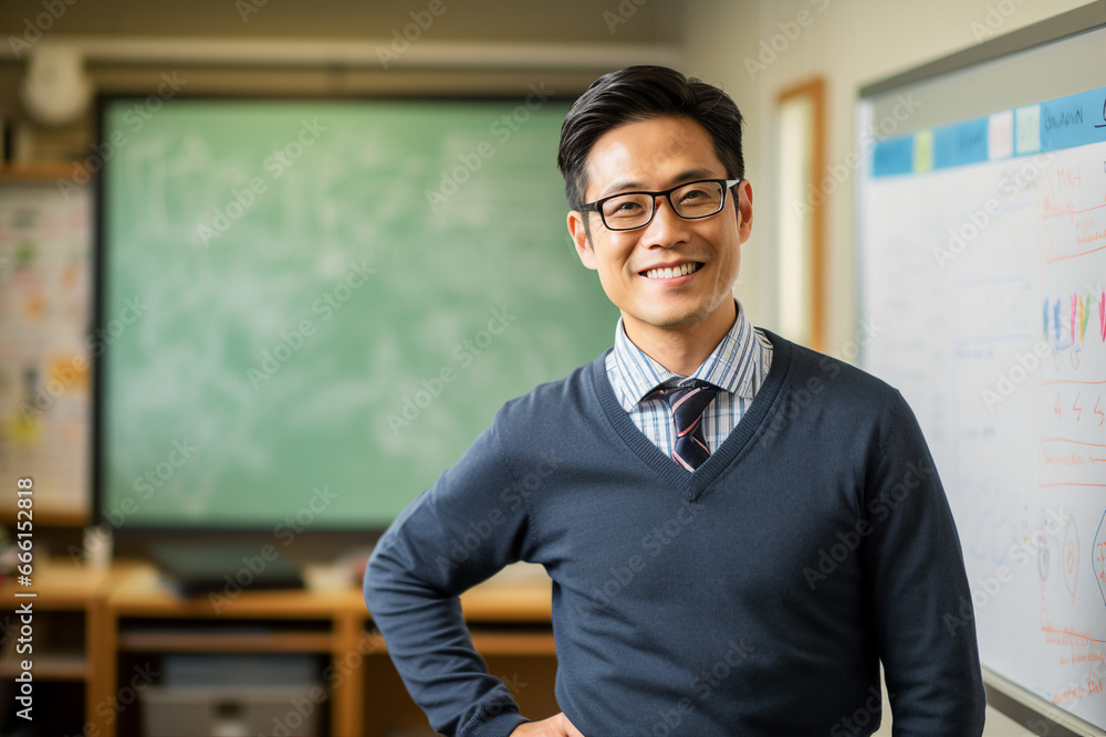 Picture made with generative AI photo of happy handsome man standing in a contemporary office class room Picture made with generative AI photo of happy handsome man standing in a contemporary office class room