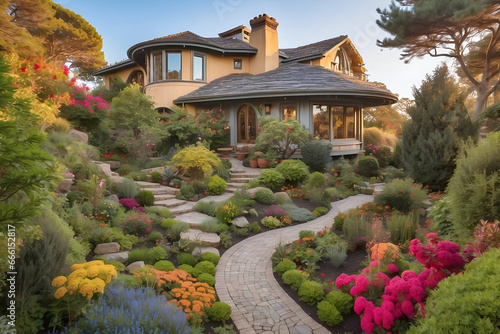 A picturesque home surrounded by a colorful  diverse garden.