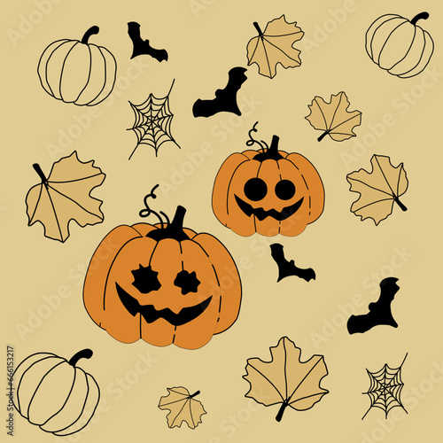Halloween background design. Happy halloween trick or treat text with cute ghost and pumpkins element for spooky yard party celebration