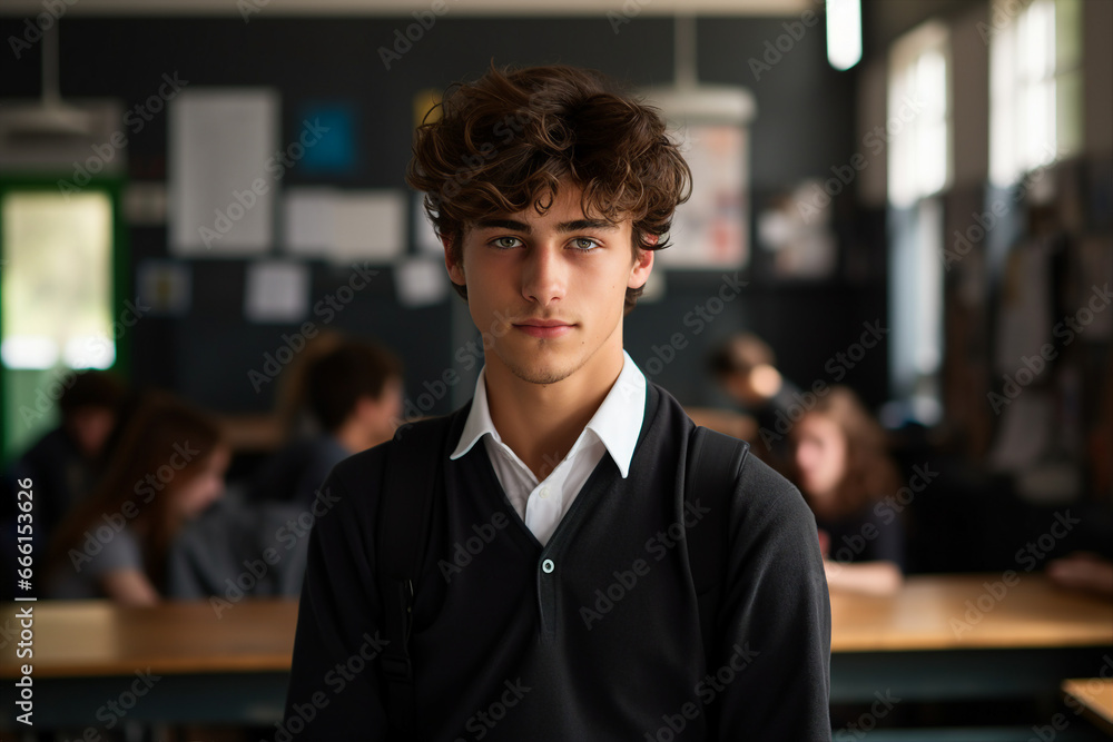 Fototapeta premium Photography of confident intelligent student with brown hair in classroom educational environment background generated by AI