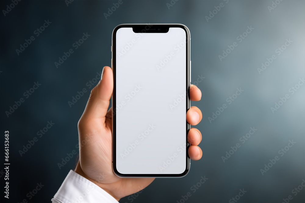Hand holding smartphone with blank white screen