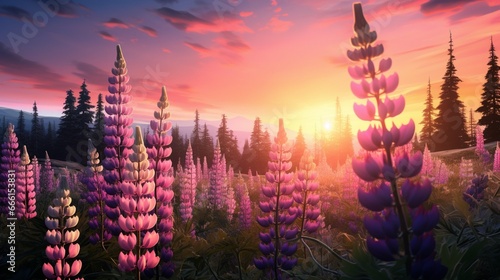 A large field of pink and purple lupine flowers Lupinus in the forest at sunset.