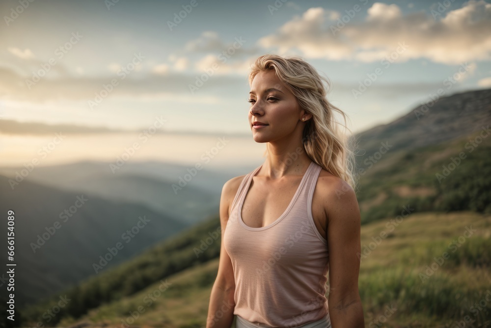 Beautiful blonde woman with long hair looks into the distance at the top of the mountain at sunset