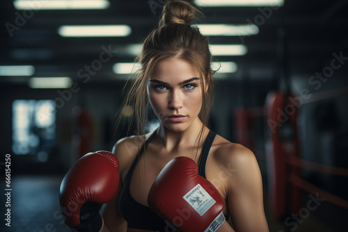 Generative AI photo of professional female boxer in a boxing ring with neon lights blurred background