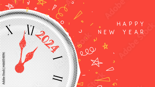 Bright New Year banner of 2024. Vector illustration with halftone wall clock and hand drawn doodle fireworks. Halftone New Year and Christmas symbol for decoration posters, cards, social media.