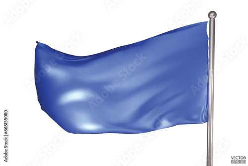 Blank blue flag on white background. A blue flag waving in the wind on the flagpole. Blue flag template. 3d vector illustration.