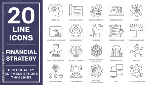 Simple set of financial strategy related vector line icons. Editable Stroke. Pixel Perfect. EPS 10