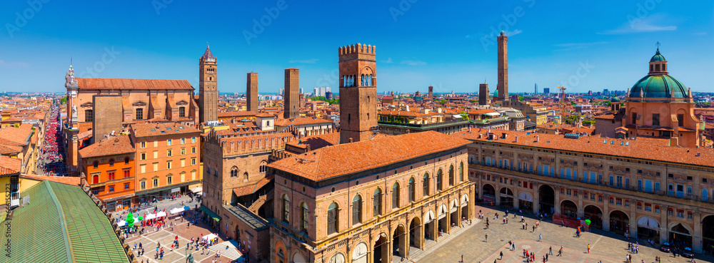 Panoramic view of the historical center with the towers of Bologna and the main square Piazza Maggiore, Bologna, Italy