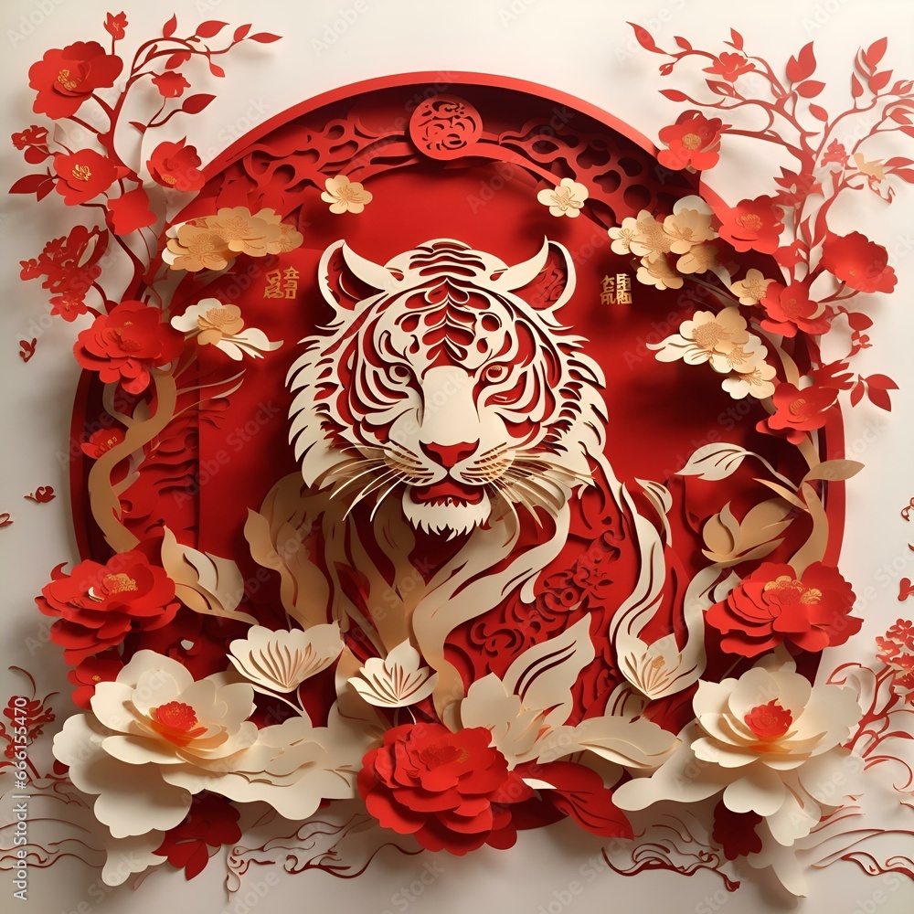 Happy Chinese New Year 2024,tiger year 2024 art work design,Tiger with