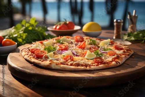A delicious pizza on the table at restaurant with sea view.