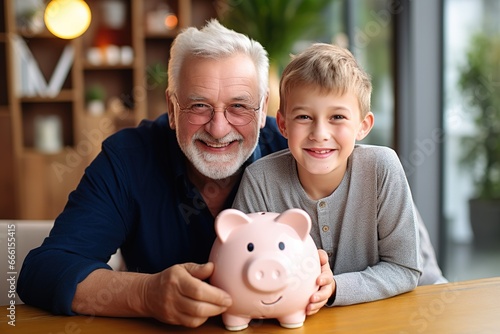 Opa mit Enkel und rosa Sparschwein. Senior spart für seinen Enkel Geld in einer Spardose. Rentner bringt einem Jungen das Sparen und Anlegen bei. Umgang mit Finanzen und Sparsamkeit lernen.
