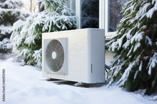 Wärmepumpe am Haus im Winter. Elektrische Heizung von außen im Schnee. Heizen mit Erdwärme oder Luft zu Luft Pumpen. Elektrische Heizung in Deutschland.