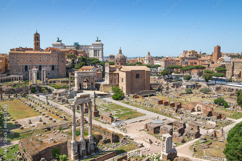 Roman Forum panorama on a clear sunny day, Lazio, Italy