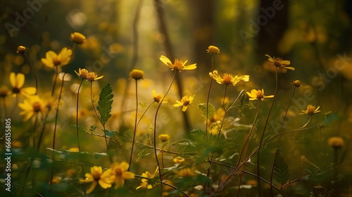 A dreamy meadow awash in sunny yellow flowers and wispy green grasses. Generative Ai