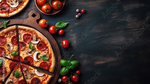 Tasty pizza and cooking ingredients tomatoes basil on black concrete background. Top view of hot pepperoni pizza. With copy space for text. Flat lay