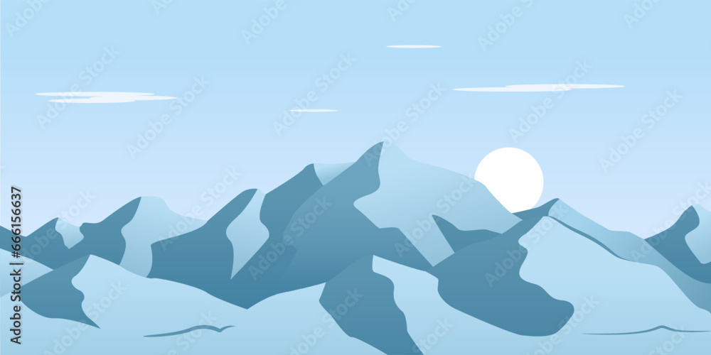 vector illustration of a blue mountain landscape, with the sunrise behind it. vector illustration of a blue mountain landscape, with the sunrise behind it.