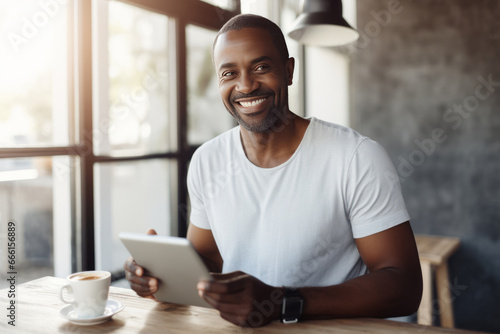 Portrait of cheerful African American businessman in casual clothes with smartphone and cup of coffee. Happy smiling mature man, successful entrepreneur or employee working in office or coworking cafe