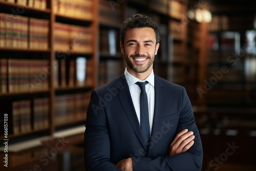 Portrait Of Confident Male Lawyer Against Bookshelf