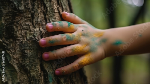Close-up of hand touching tree trunk, Woman touching tree with hand. Generative Ai