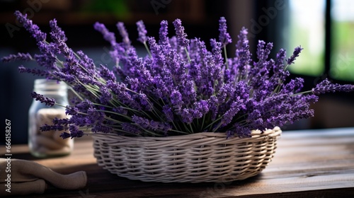 Basket filled with lavender Bunch of lavender Tabletop.