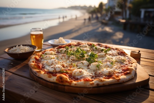 White pizza with basil on the beach side restaurant.